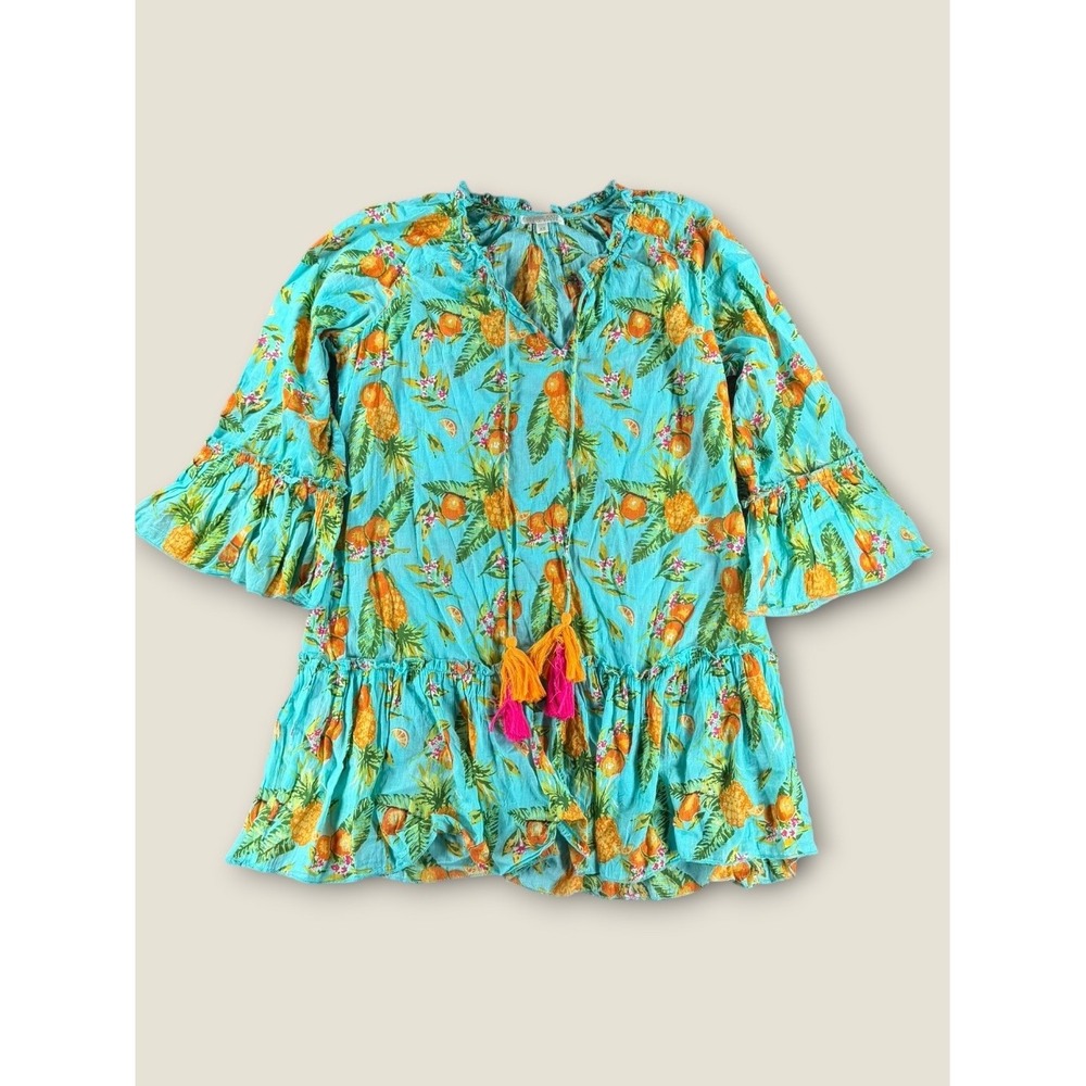 Debbie Katz South Beach Pineapple Tunic Top Turquoise Cotton Tassel XS